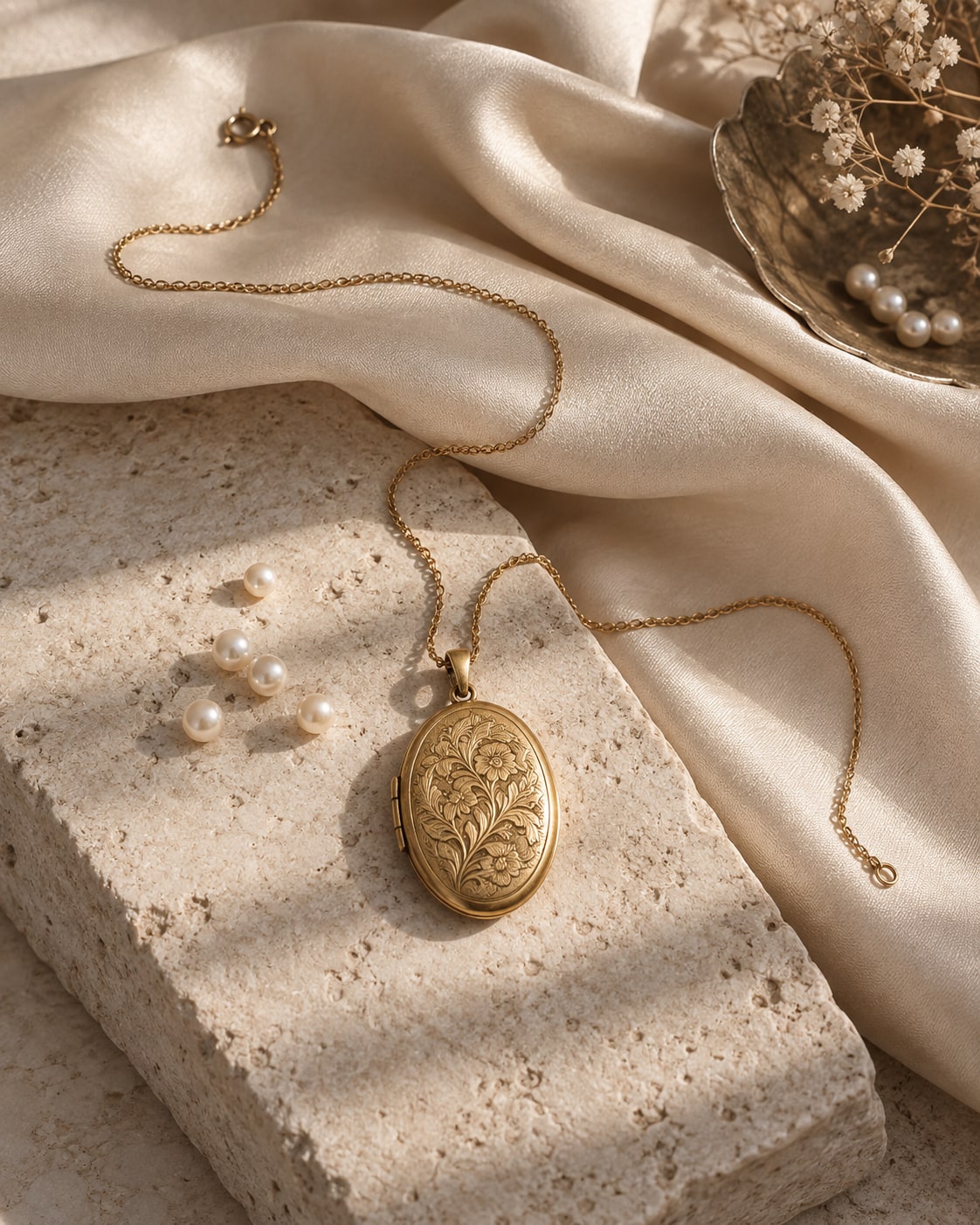 A patinated locket on pale silk. An AI-generated visual concept.