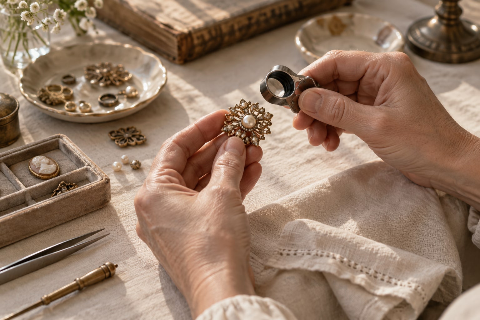 Hands examining a vintage brooch through a magnifying glass. An AI-generated illustration of the atelier’s atmosphere.